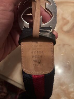 Gucci Navy and Red Web Stripe Belt with Silver Double G